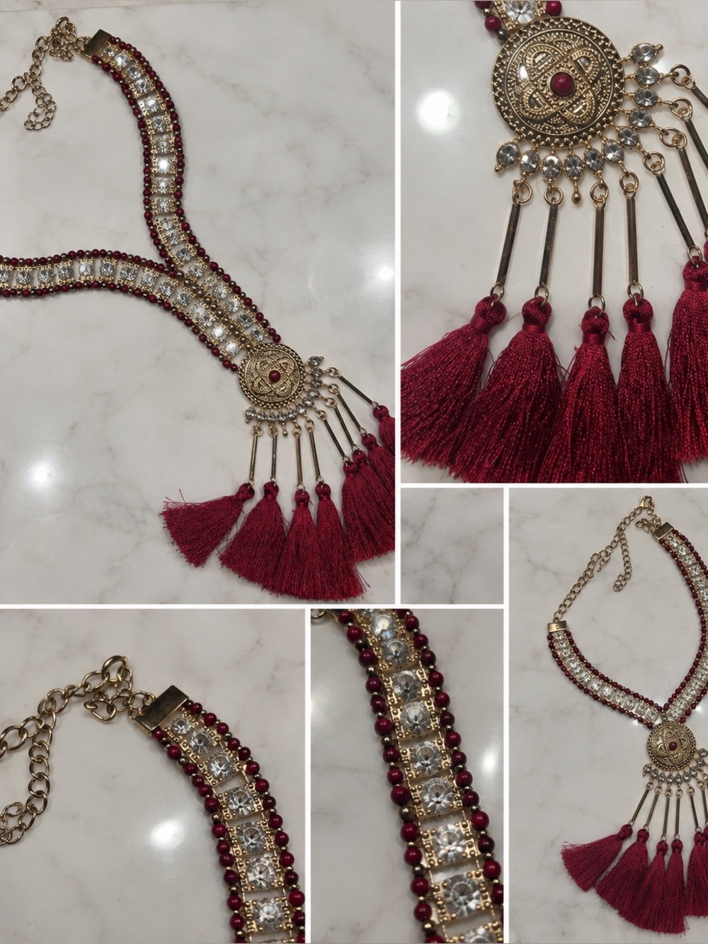 Elegant Gold-Tone Red Beaded Tassel Necklace